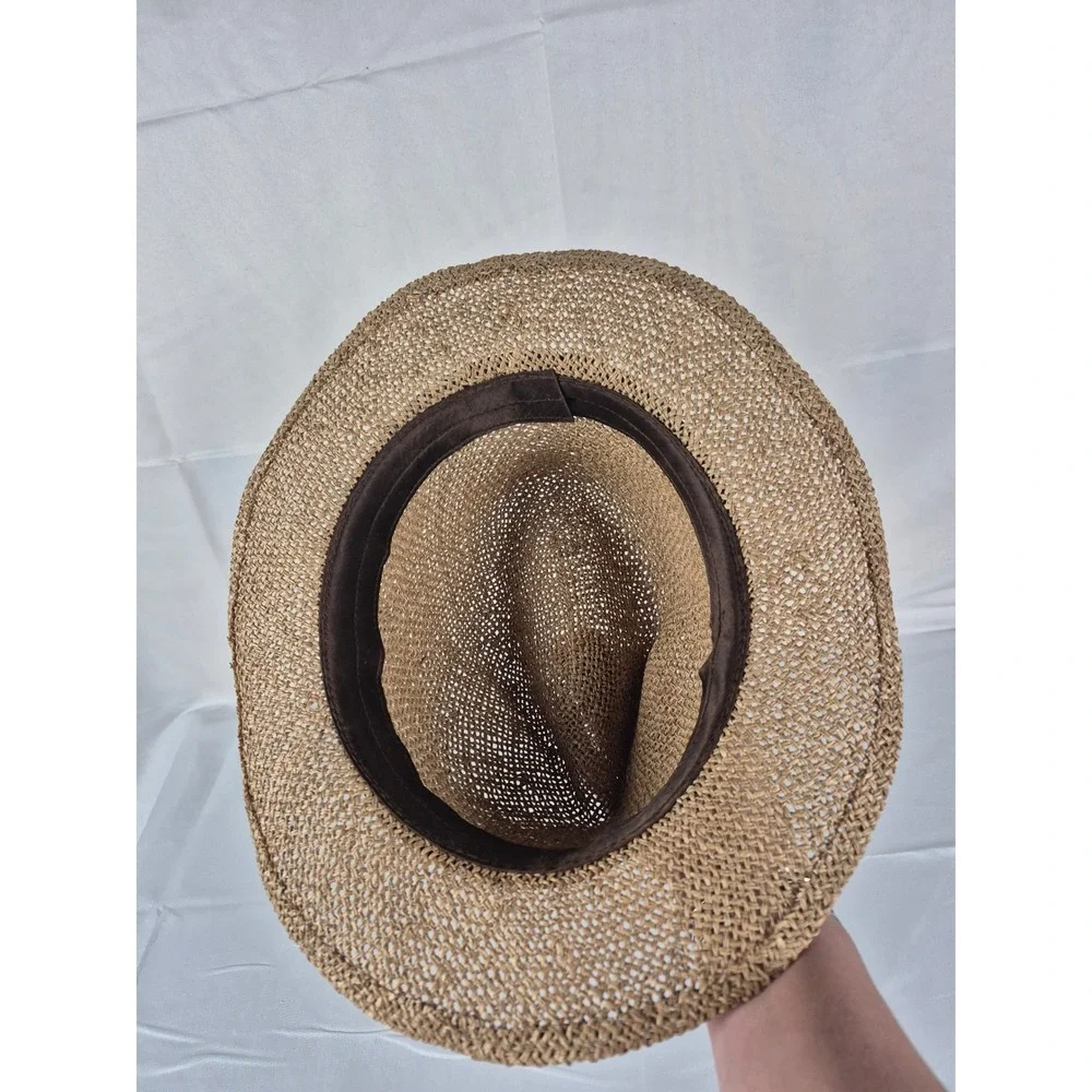 Panama Jack Straw Fedora‎ Hat Tan Woven Sun Hat Blue Denim Band Mens Womens